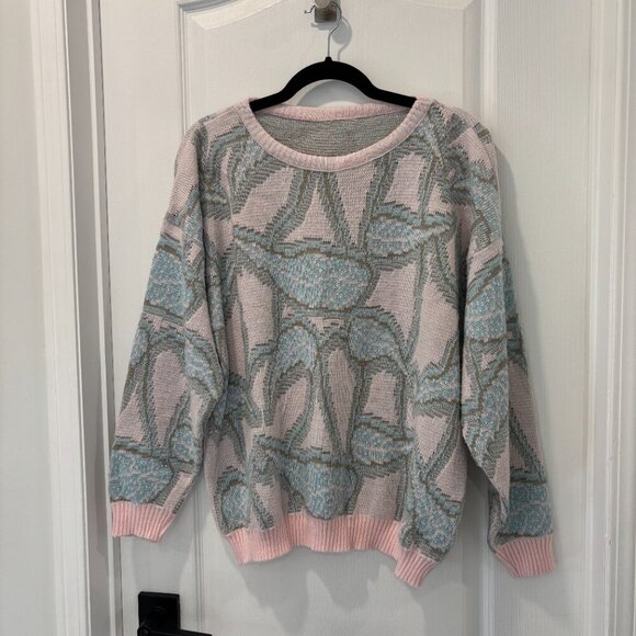 Vintage Pink and Blue Patterned Women's Sweater - Picture 2 of 7